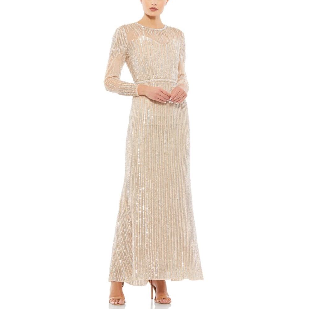 Mac Duggal Rose Gold Sequin Beaded Illusion Trumpet Gown Size 8 NWT FLAWED